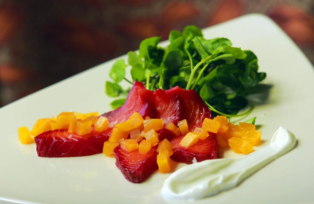 Red Beet Cured Salmon with Creme Fraiche Horseradish, Watercress and Pickled Beets from John Ash & Co. executive chef Tom Schmidt. (photo by John Burgess/The Press Democrat)
