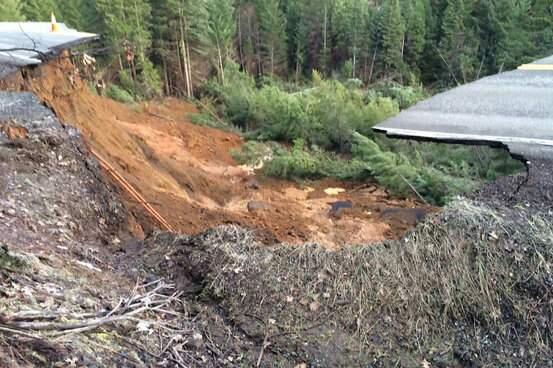 Highway 3 in Trinity County gave way after days of heavy rain, Monday, March 14, 2016. (CALTRANS)
