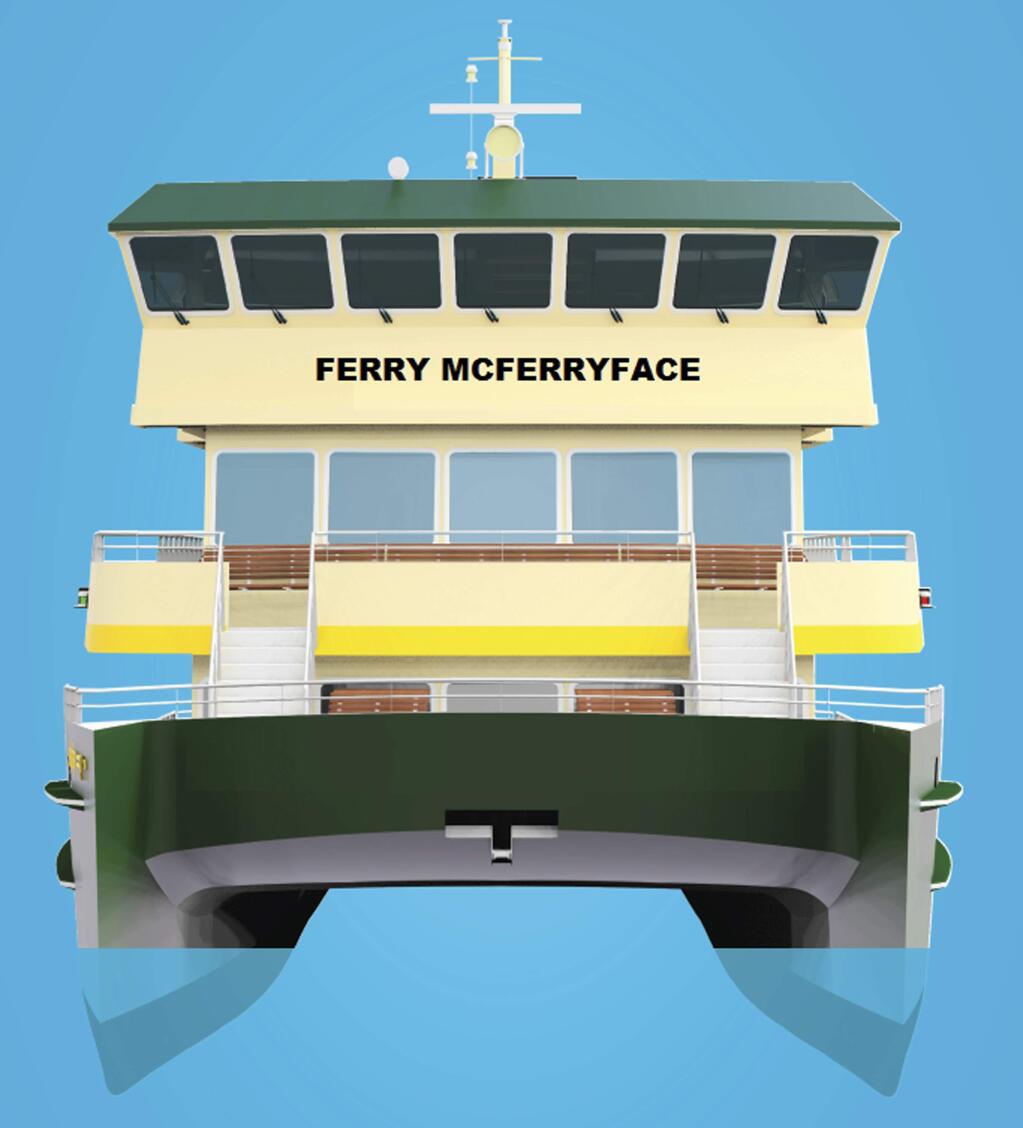 This undated artist's drawing provided by Transport for NSW shows the design of the last ferry in a new Sydney Harbour fleet which will be christened Ferry McFerryface. 'Given 'Boaty' was already taken by another vessel, we've gone with the next most popular name nominated by Sydneysiders,' New South Wales state Minister for Transport and Infrastructure Andrew Constance said in a statement Tuesday, Nov. 14, 2017. (Transport for NSW via AP)