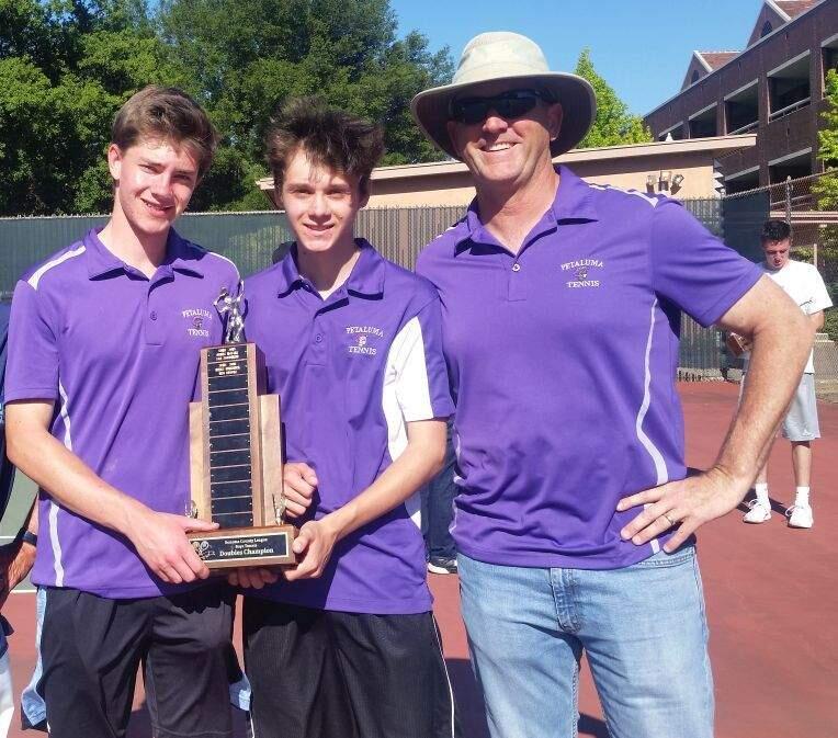 SUBMITTED PHOTOSonoma County League doubles champions Alex Dodd and Hayden Dennis with Petaluma High coach Chris Horne.