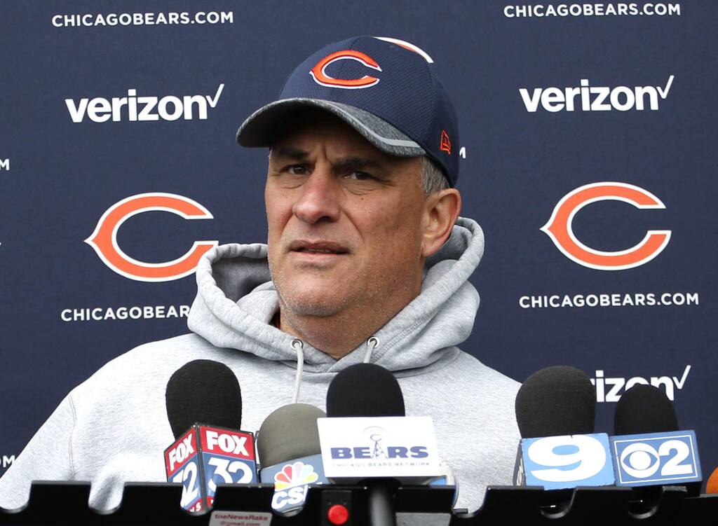 Chicago Bears defensive coordinator Vic Fangio talks to media after the team's rookie minicamp Saturday, May 14, 2016, in Lake Forest, Ill. (AP Photo/Nam Y. Huh)