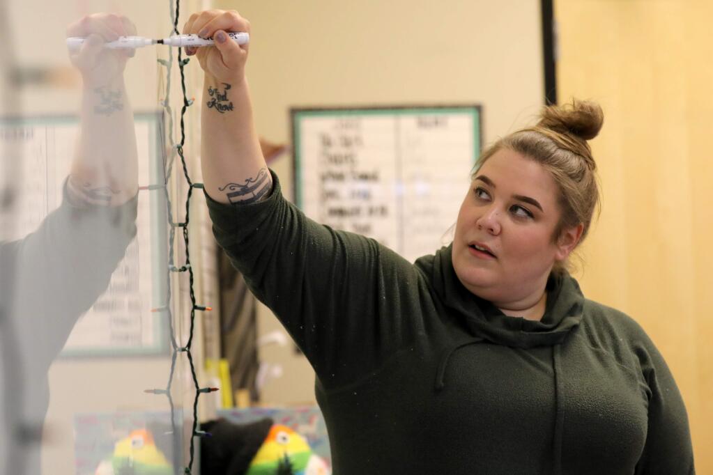 Janell Stephens teaches an English class that also focuses coping skills at New Directions School run by the Child Parent Institute in Santa Rosa on Thursday, Jan. 9, 2020. (BETH SCHLANKER/The Press Democrat)
