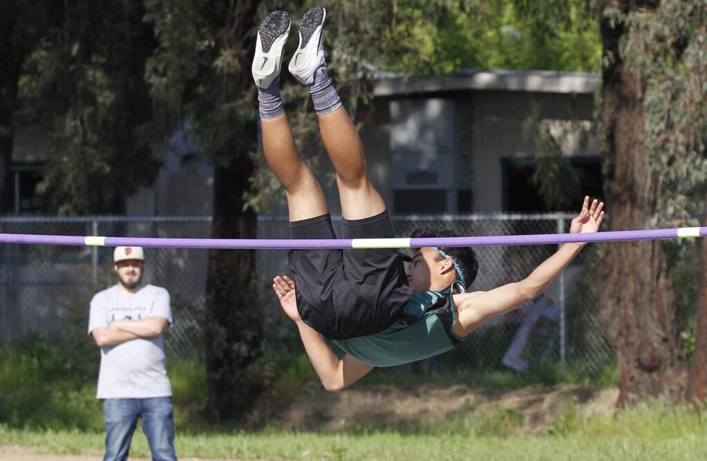 Bill Hoban/Index-TribuneSonoma's Luke Sendaydiego clears the bar in the high jump at a recent meet. Sendaydiego is one of a number of Sonoma thinclads who qualified for this Saturday's North Coast Section Meet.