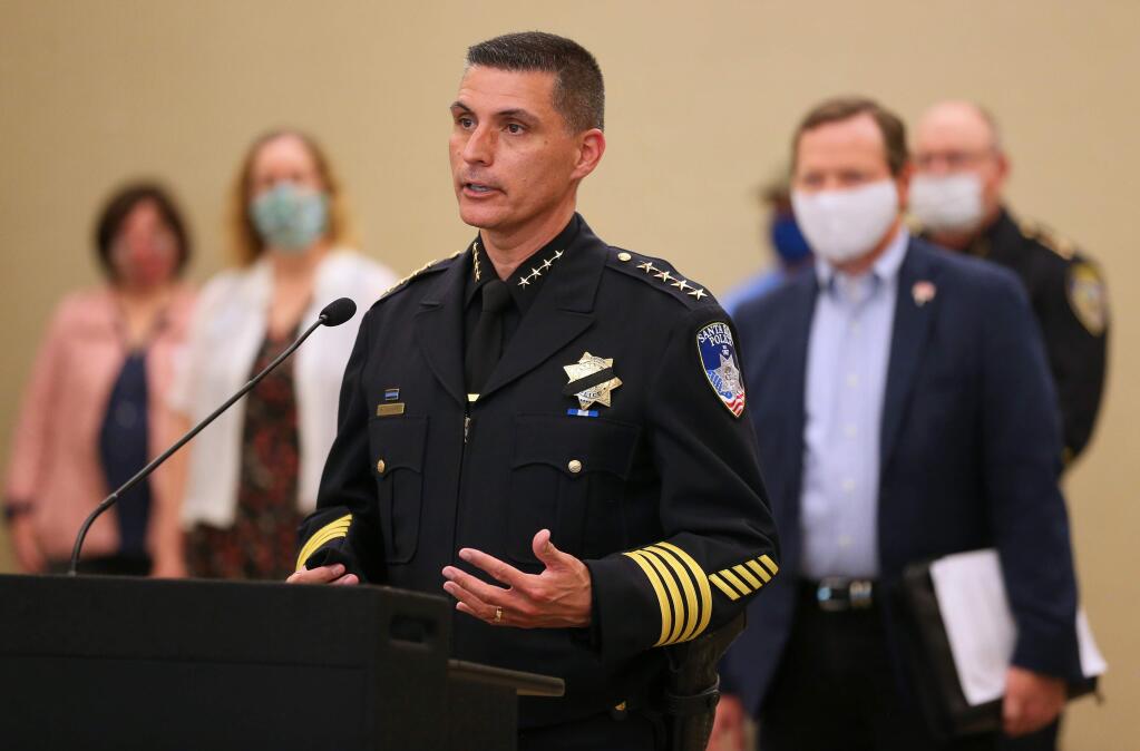 Santa Rosa Police Chief Ray Navarro speaks during a press conference addressing local police reform, in Santa Rosa on Wednesday, June 10, 2020. (Christopher Chung/ The Press Democrat)