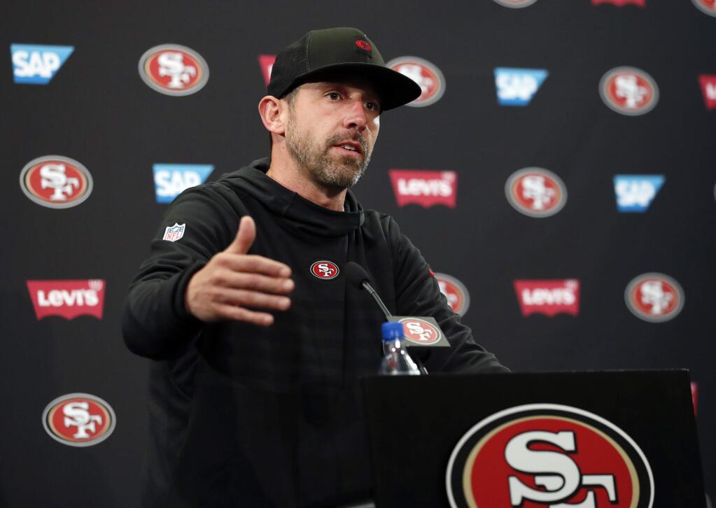 San Francisco 49ers head coach Kyle Shanahan answers questions at a press conference following an official team activity at the team's practice facility, in Santa Clara, Tuesday, May 21, 2019. (AP Photo/Josie Lepe)
