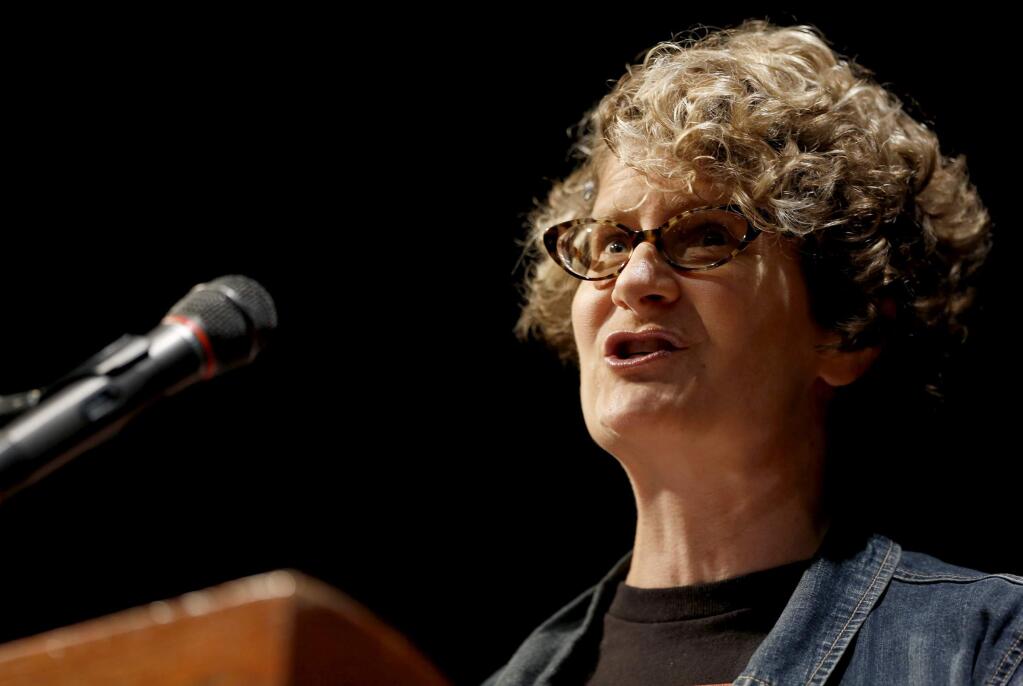 Dr. Elaine Newman, president of the SSU chapter of the California Faculty Association, speaks during the Sonoma State University convocation the at Person Theater on the campus in Rohnert Park, California on Monday, Aug. 18, 2014. (BETH SCHLANKER/ The Press Democrat)