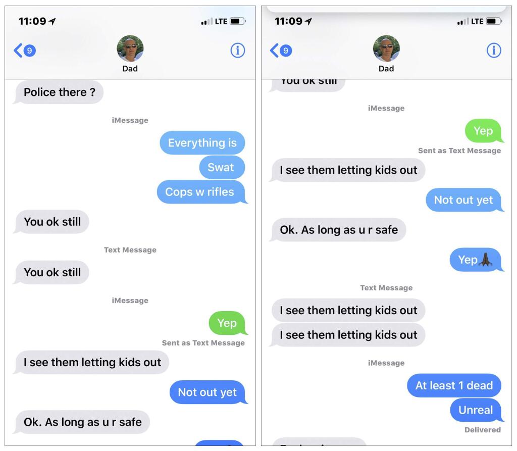 FILE - This combo image shows screenshots from a text conversation between Joey Cordover, a student at Marjory Stoneman Douglas High, and his father in the midst of the mass shooting at the school on Wednesday, Feb. 14, 2018. 'At least 1 dead,' Joey texted his father. 'Unreal.' The school shooting that left several people dead appears to be the first major tragedy of its kind in which students were sharing horrific images in near-real time with young people elsewhere. Experts say the footage could scar young people psychologically. But it could also galvanize them. (Courtesy of Joey Cordover via AP)