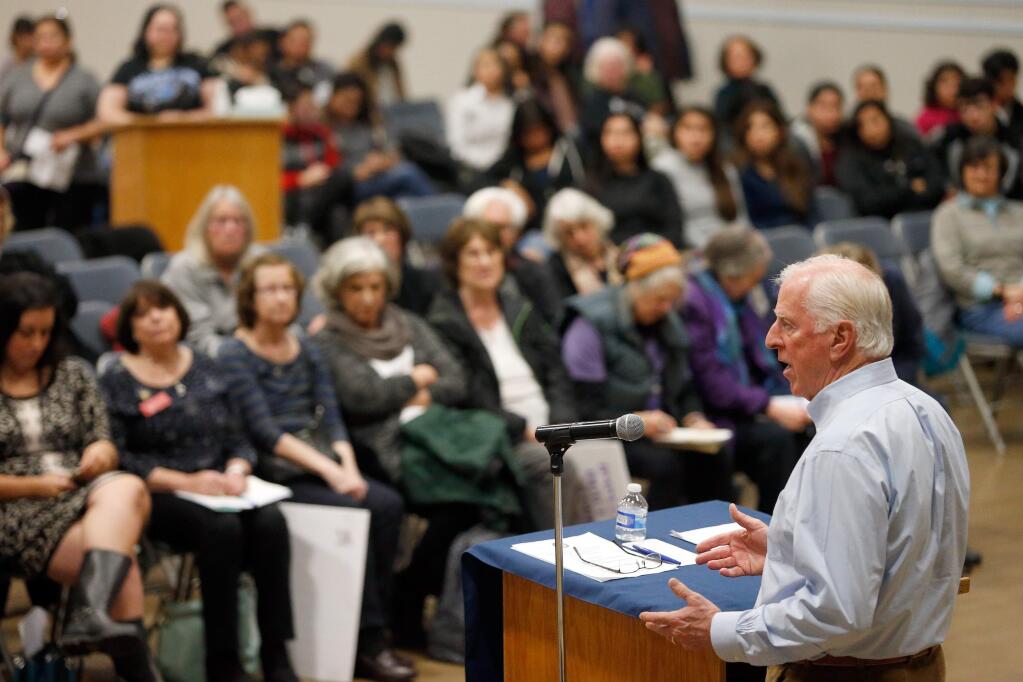 Rep. Mike Thompson answers questions during a town hall meeting at the Veterans Memorial Building in Santa Rosa. (ALVIN JORNADA / The Press Democrat, 2018)