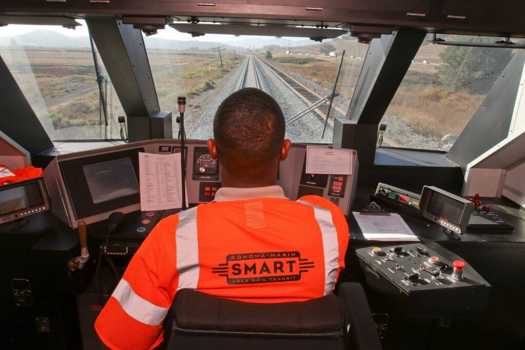SMART Controller Supervisor drives the train during SMART train testing on a section of tracks along HWY 101between Novato and the Landfill Access Rd in Marin County on Thursday, October 22, 2015. (SCOTT MANCHESTER/ARGUS-COURIER STAFF)