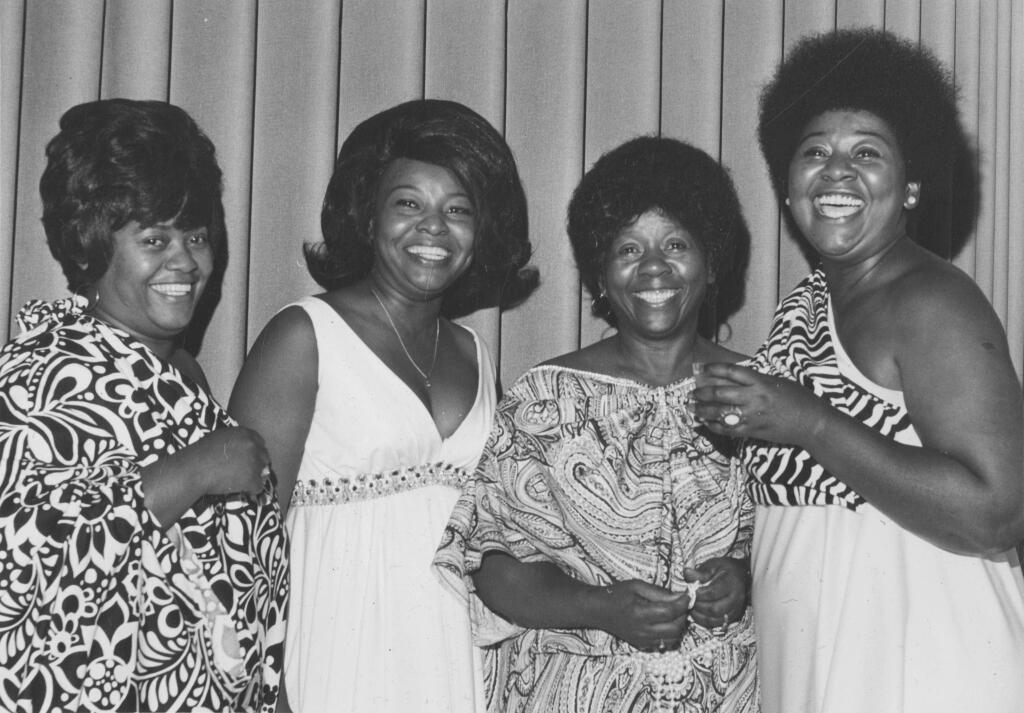 Alice Gray, third from the left, and her three daughters at the Black & White Ball sponsored by the Negro Business and Professional Women's Club, Inc. in the 1970s. From left, Dorothy Gray, Ida M. Johnson, Alice Gray and Ann Gray Byrd. (Sonoma County Library)