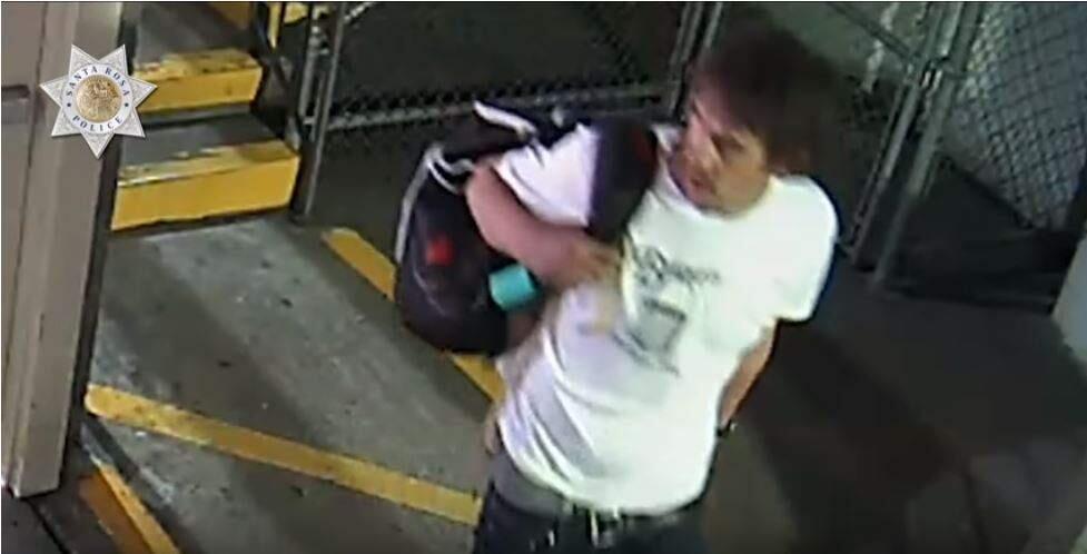 Santa Rosa police are searching for this man, who they suspect of stealing a backpack that contained the victim's thesis from a parking garage at 555 First Avenue. Anyone with information is asked to call 707-528-5222. (Santa Rosa Police Department/YouTube)