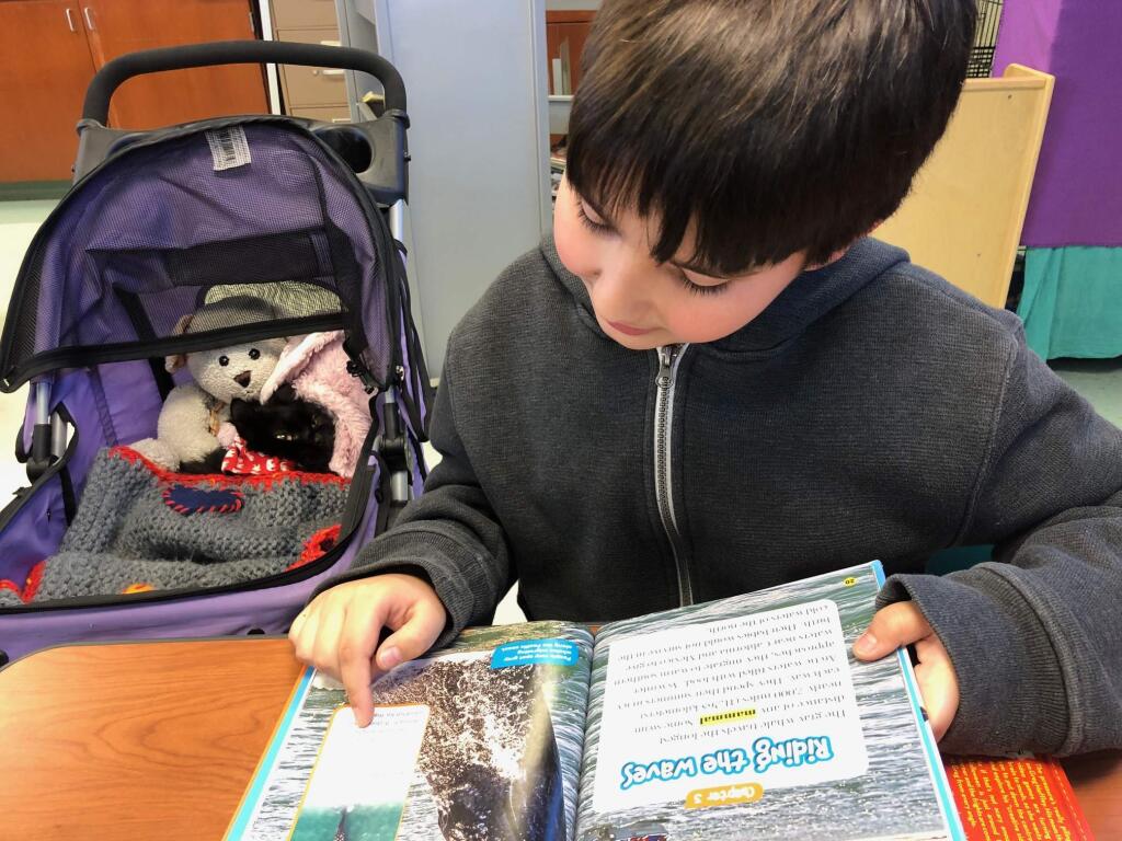Jacob Gutierrez, 9, a fourth-grader at Sassarini Elementary School, reads a book to Leo the cat during Love of Learning, part of Pets Lifeline's Humane Education program. (EMILY CHARRIER/INDEX-TRIBUNE)