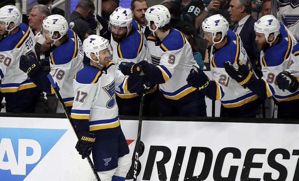 St. Louis Blues' Jaden Schwartz (17) is congratulated after scoring a goal against the San Jose Sharks in the first period in Game 2 of the NHL hockey Stanley Cup Western Conference finals Monday, May 13, 2019, in San Jose, Calif. (AP Photo/Ben Margot)