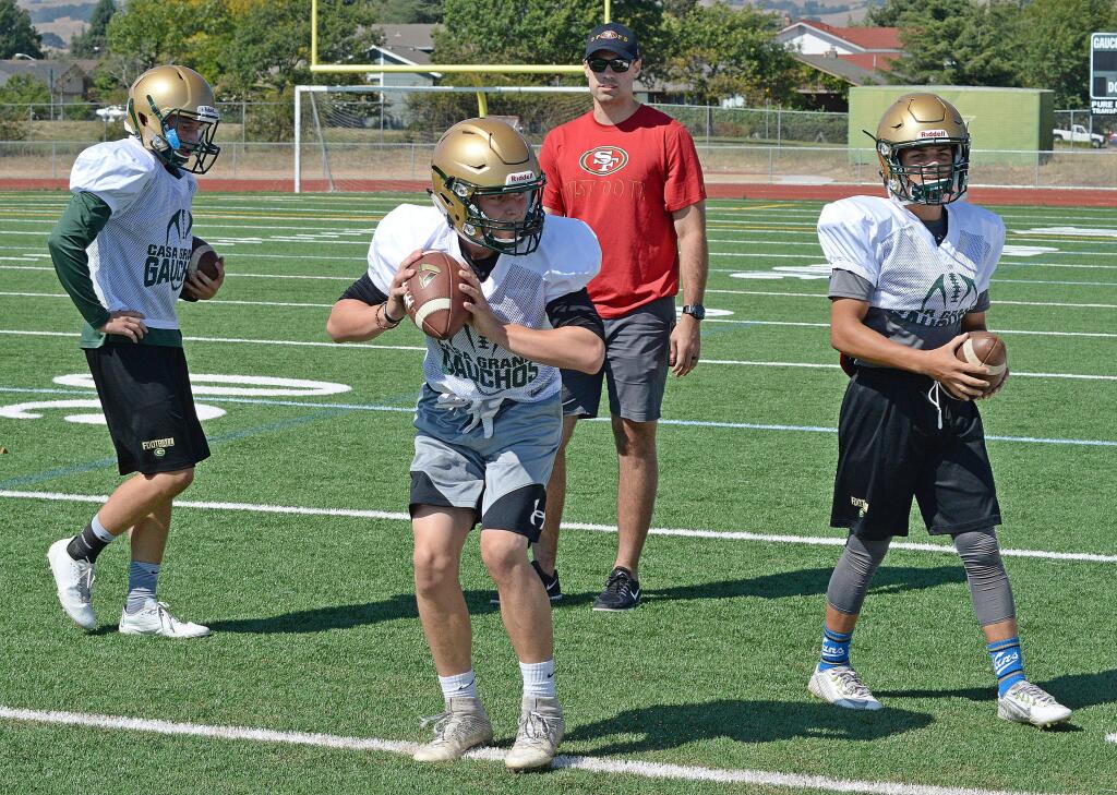 SUMNER FOWLER/FOR THE ARGUS-COURIERCompeting to be the starting quarterback for Casa Grande are Aaron Krupinsky, Jace Offermann and Jadon Bosarge. They are working under the watchful eye of quarterback coach Nick Sherry. .