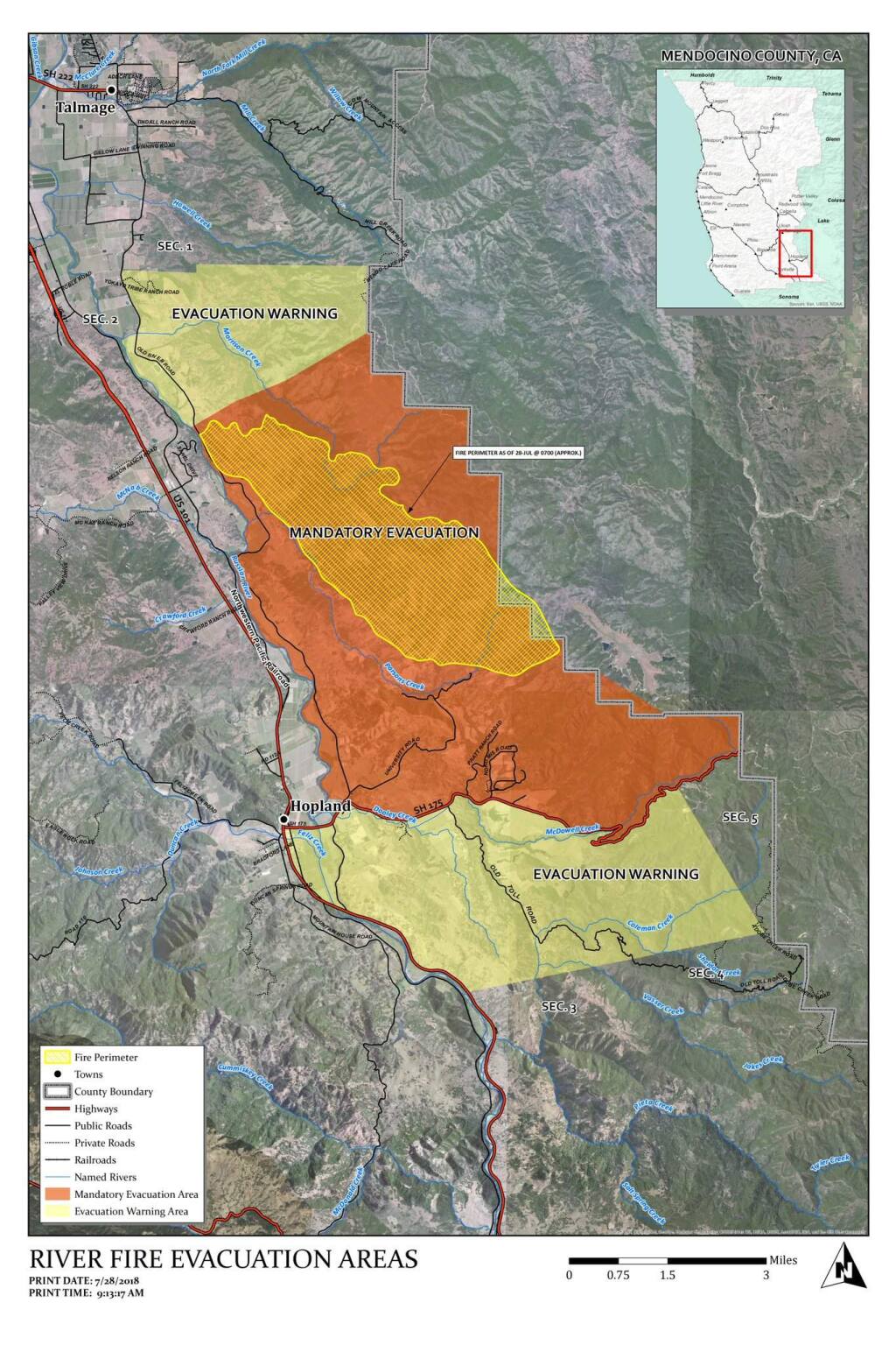 River fire evacutation map, Saturday, July 28, 2018. (Mendocino County Sheriff's Office)