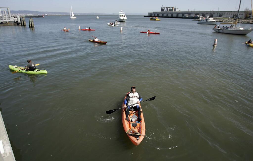 McCovey Cove outside AT&T Park, where kayakers and boaters float in wait for home run balls. (John Burgess / Press Democrat, file 2008)