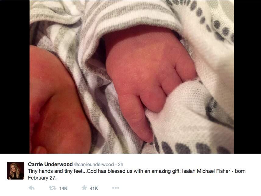 Carrie Underwood posted to her Twitter: 'Tiny hands and tiny feet...God has blessed us with an amazing gift! Isaiah Michael Fisher - born February 27.' (Twitter: @carrieunderwood)