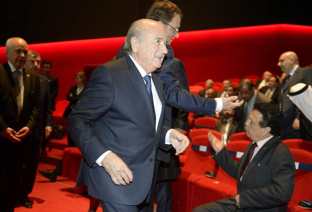 FIFA President Sepp Blatter arrives for the opening ceremony of the FIFA congress in Zurich, Switzerland, Thursday, May 28, 2015. The FIFA congress with the president's election is scheduled for Friday, May 29, 2015 in Zurich. (Walter Bieri/Keystone via AP)