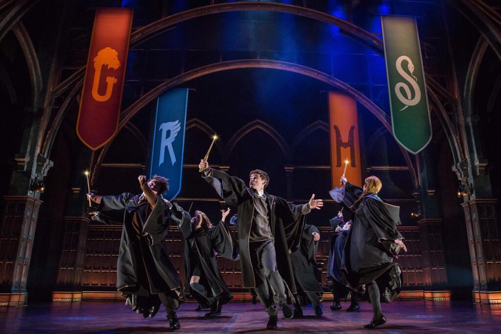 This image released by Boneau/Bryan-Brown shows a scene from the production of'Harry Potter and the Cursed Child,' in New York. The Tony Awards race is dominated by big established brands, including Disney's “Frozen,” J.K. Rowling's “Harry Potter” franchise, Tina Fey's “Mean Girls” and Nickelodeon's “SpongeBob SquarePants.” The nominations for the 72nd Tony Awards will be announced on Tuesday, May 1. (Matthew Murphy/Boneau/Bryan-Brown via AP)
