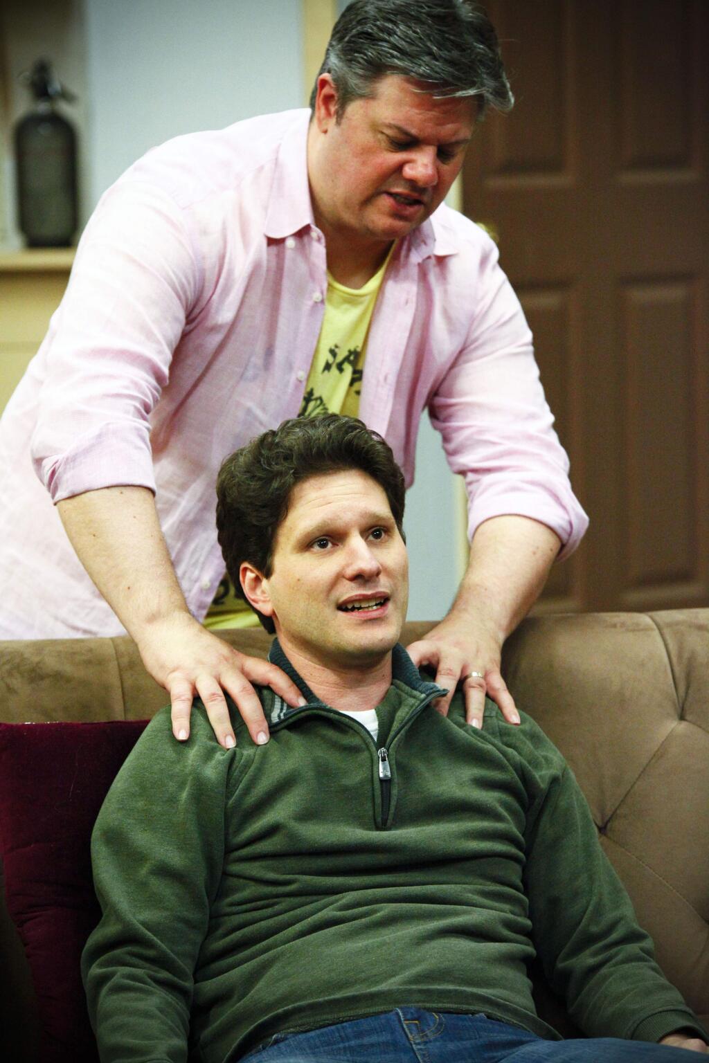 Petaluma, CA, USA. Wednesday, March 22, 2017._ Nathan Cummings (standing) as 'Oscar Madison' and Aaron Wilton as 'Felix Unger' at rehearsal for the production of 'The Odd Couple' at the Cinnabar Theatre. (CRISSY PASCUAL/ARGUS-COURIER STAFF)