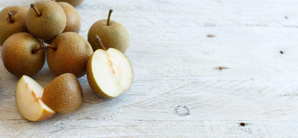 Asian Pears, now in season, have a crisp, white flesh and mild flavor.