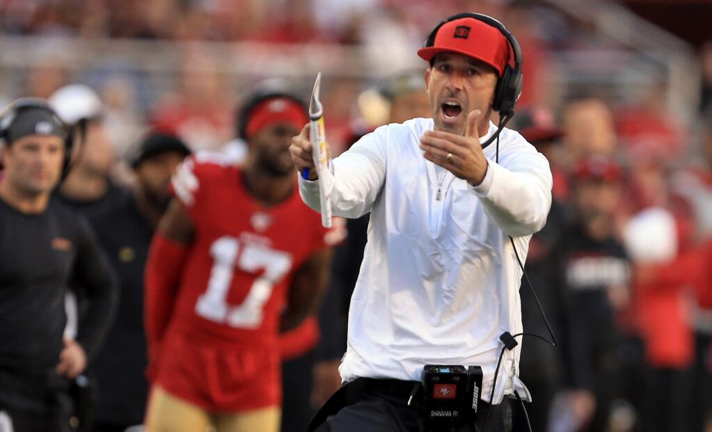 Kyle Shanahan calls time out in the fourth quarter during San Francisco's 36-26 win over Arizona, Sunday, Nov. 17, 2019 in Santa Clara. (Kent Porter / The Press Democrat) 2019