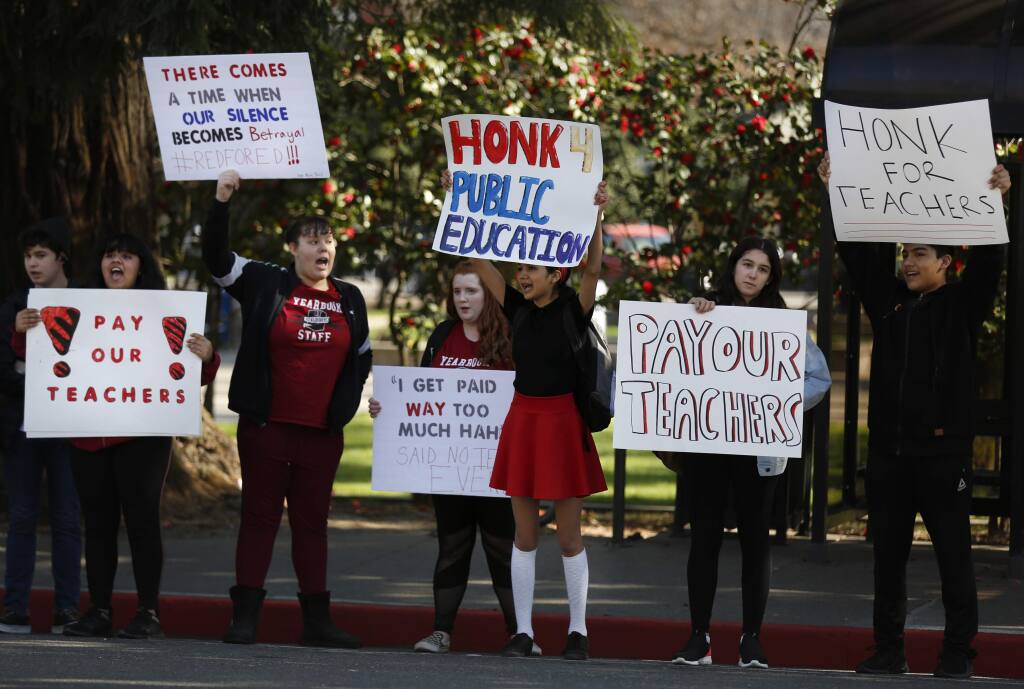 Healdsburg High School students stage a walk-out in protest of HUSD teachers salaries, being only 85% of the state average. Photo taken in Healdsburg on Wednesday, February 19, 2020. (BETH SCHLANKER/ The Press Democrat)