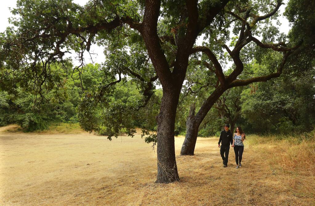 Josh Trull and Raeanne Johnson take a walk in a 10-acre parcel of land saved from development by a neighborhood campaign. The site at the end of Beverly Way in Santa Rosa was to be part of the sale of the county owned hospital and neighboring acreage. (John Burgess/The Press Democrat)