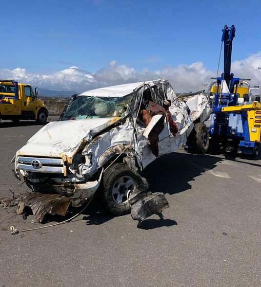 A pickup truck with no one inside was damaged after rolling off a Highway 1 cliff near Coleman Valley Road on Sunday, March 29, 2020. (CHP Santa Rosa)