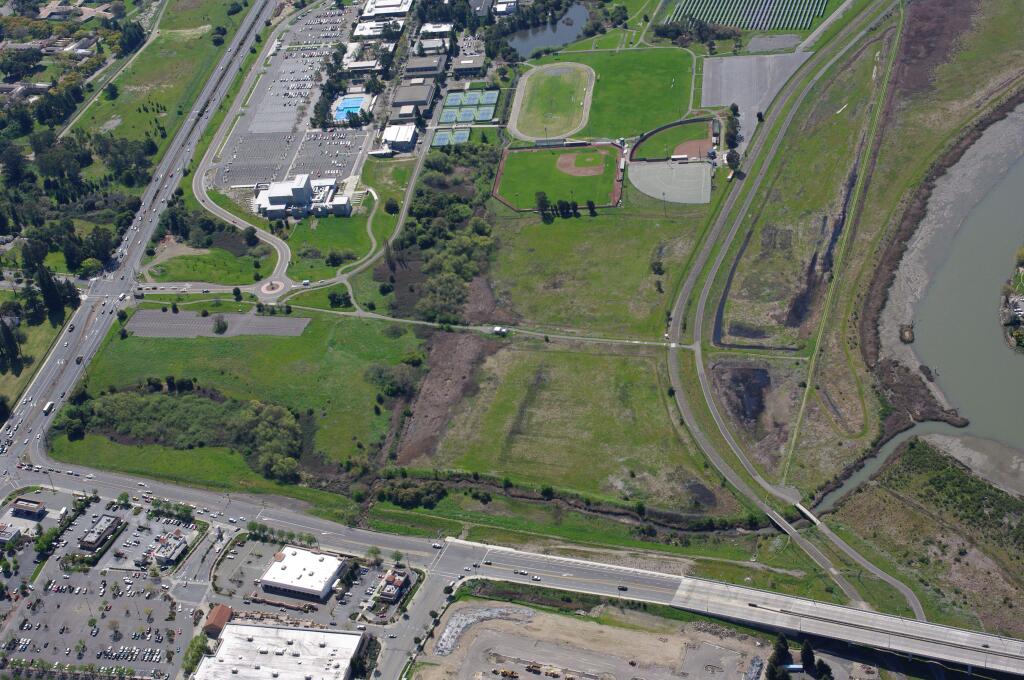 Aerial view looking south of Napa Valley College, which has proposed the northwest corner of its land for on-campus housing. Highway 29 runs north and south. Highway 121 runs east and west. (courtesy of Napa Valley College)