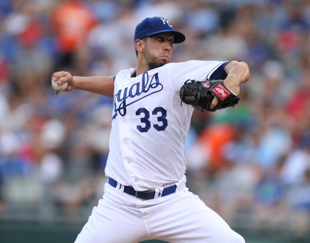 Kansas City Royals starting pitcher James Shields throws in the first inning during a baseball game against the San Francisco Giants, Saturday, Aug. 9, 2014, in Kansas City, Mo. (AP Photo/Ed Zurga)