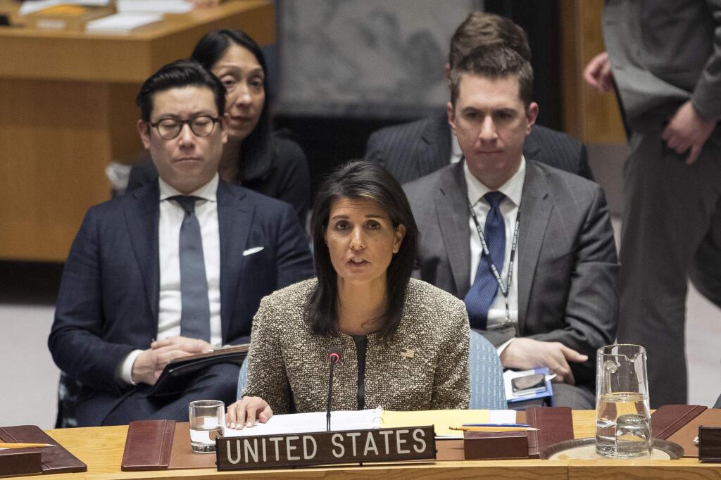 In this Nov. 29, 2017, file photo, Nikki Haley, U.S. ambassador to the United Nations, speaks during a Security Council meeting on the situation in North Korea, at United Nations headquarters. The U.S. Olympic Committee still plans on bringing teams to the Pyeongchang Games in February despite U.N. Ambassador Nikki Haley casting doubt on U.S. participation. In an interview Wednesday, Dec. 6, 2017, with Fox News Channel, Haley was asked if it's an open question about whether the U.S. team will compete at the Olympics in South Korea, given the tensions on the Korean Peninsula. (AP Photo/Mary Altaffer, File)