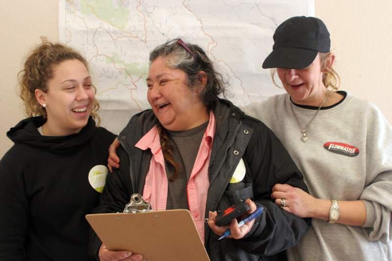 Census takers in the Jan. 17 homeless count go over their notes at Vintage House. From left, Maddie Murray, of SOS, and homeless guides Karen Lopez and 'Louise.'(Christian Kallen/Index-Tribune)