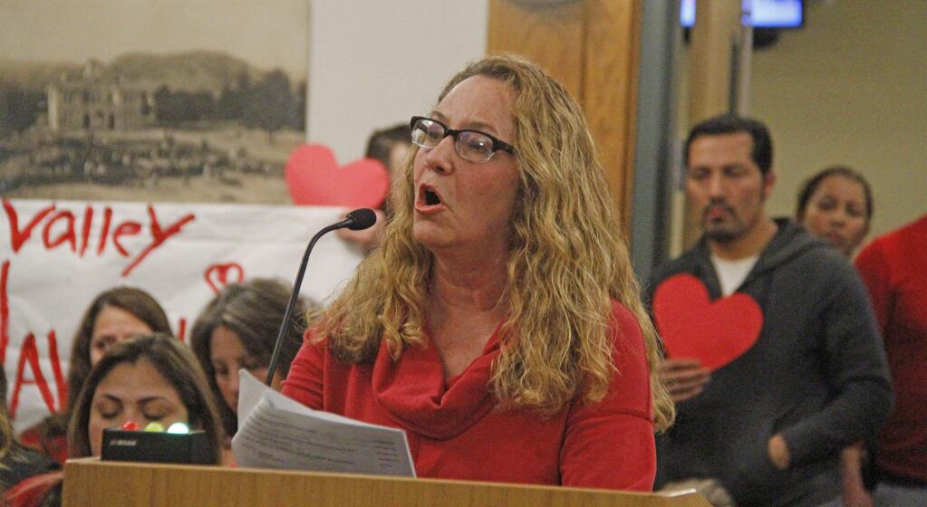 Bill Hoban/Index-TribuneLoretta Carr was one of more than a dozen speakers Tuesday night who urged the Sonoma Valley Unified School District board to pass a 'safe haven' resolution. The board will take the matter up at a special meeting on Feb. 28.