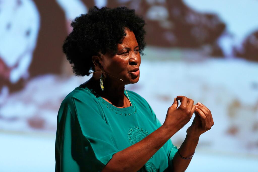 Best-selling author and motivational speaker Dr. Tererai Trent talks about her life experiences during Women in Conversation, at Weill Hall at Sonoma State University in Rohnert Park, California, on Wednesday, September 26, 2018. (Alvin Jornada / The Press Democrat)