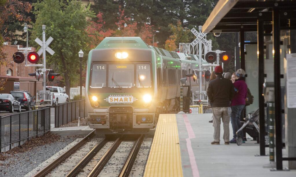 A northbound SMART train pulls into the Railroad Square station in Santa Rosa on Wednesday. SMART refuses to release its daily and weekly ridership numbers despite repeated records requests. (photo by John Burgess/The Press Democrat)