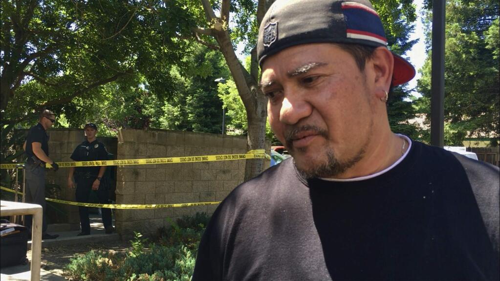 This Tuesday, Jun. 11, 2019 photo shows John Pedebone, at an apartment complex in Stockton, Calif. Pedebone, who is the apartment on-site manager, helped save a baby who was found inside a dumpster Tuesday at the apartment complex in Stockton, just south of Sacramento. (Almendra Carpizo/The Record via AP)