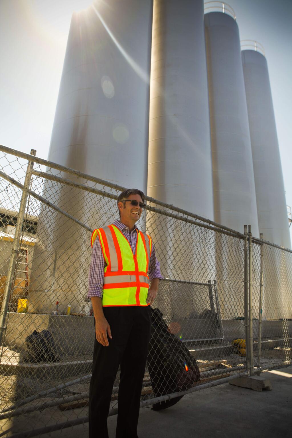 Petaluma, CA, USA. Tuesday, August 09, 2016._ Michael Benedetti, Director of Plant Operations at Clover Stornetta Farms on Lakeville, stands by the four new silos.(CRISSY PASCUAL/ARGUS-COURIER STAFF)