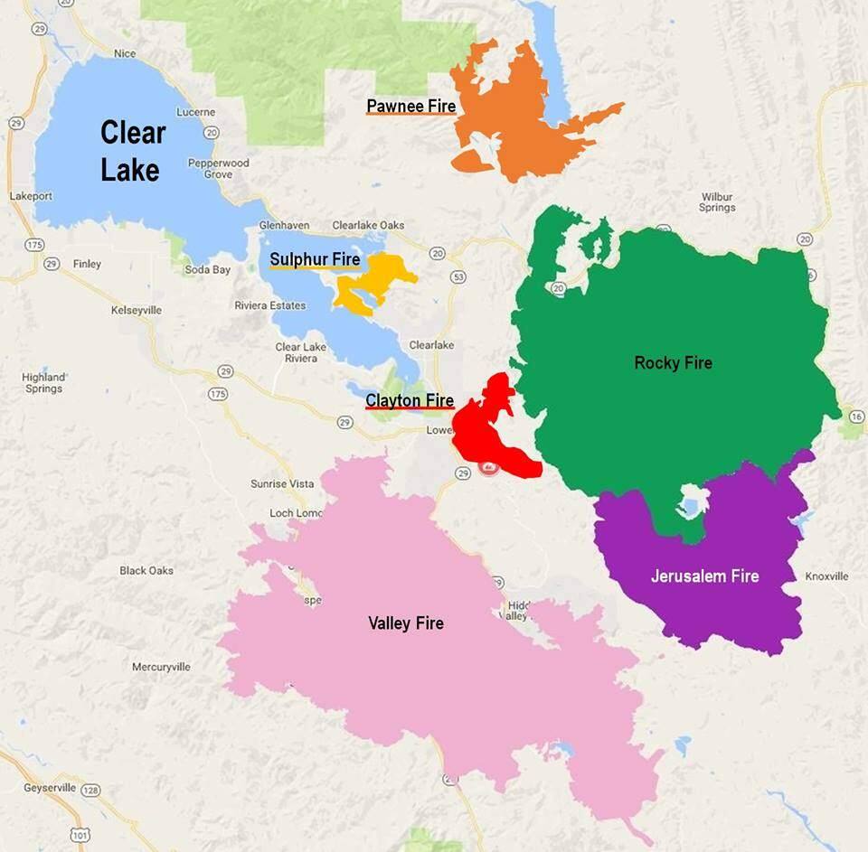 A map showing the fires that have burned through Lake County since 2015, including the Pawnee fire in June, along with the Sulphur fire from 2017, the Clayton fire from 2016, and the Rocky, Jerusalem and Valley fires from 2015.