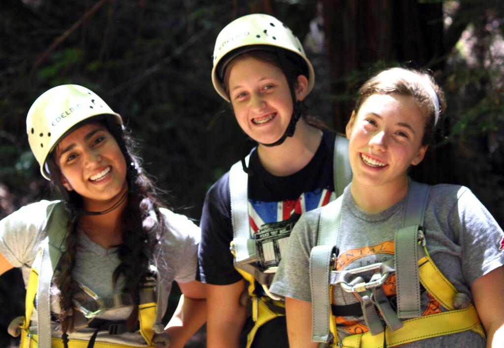 Submitted photoThree members of the Venturing Crew 16, Alondra Aguilar of Yountville, Julia Hart of Sonoma and Toni Collins of Napa are among the group who recently went through the Sonoma Ropes Course.