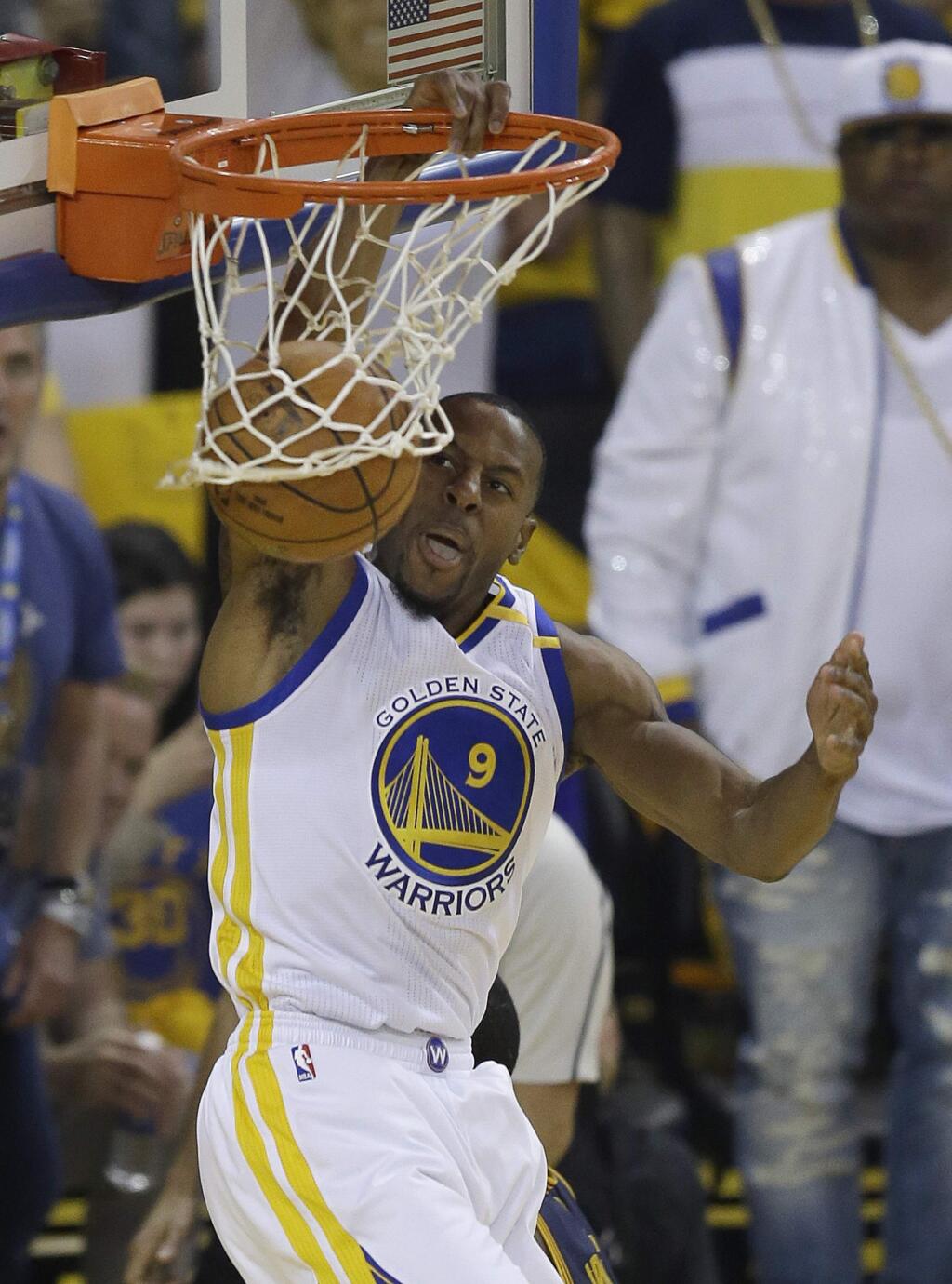 In this June 1, 2017, file photo, Golden State Warriors forward Andre Iguodala dunks against the Cleveland Cavaliers during the first half of Game 1 of the NBA Finals in Oakland. (AP Photo/Ben Margot, File)