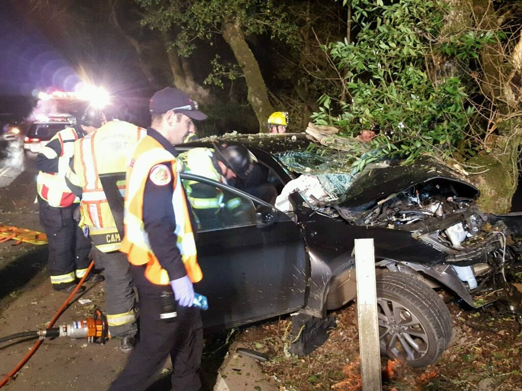 One man was arrested after a suspected drunken driving crash on Calistoga Road in east Santa Rosa on Monday, Feb. 27, 2017. (COURTESY OF RINCON VALLEY FIRE CHIEF JACK PICCININI)