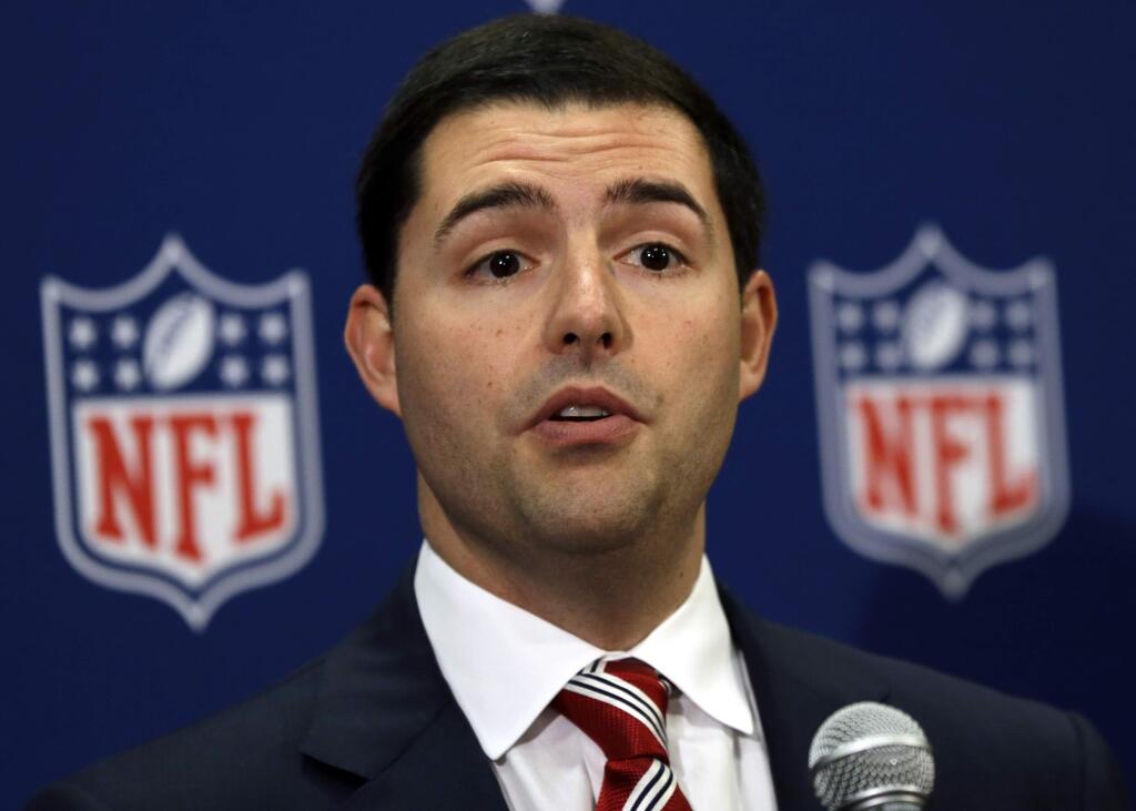 FILE - In this May 21, 2013, file photo, San Francisco 49ers football team CEO Jed York speaks during a news conference at the NFL spring meeting in Boston. York said Tuesday, Sept. 9, 2014, that he will let 'due process take its course' before deciding whether to discipline Ray McDonald after the defensive tackle was arrested on suspicion of domestic violence. In his first public comments since McDonald's arrest Aug. 31, York told San Francisco's KNBR radio that he will not punish McDonald until he sees 'evidence that it should be done or before an entire legal police investigation shows us something.' (AP Photo/Elise Amendola, File)