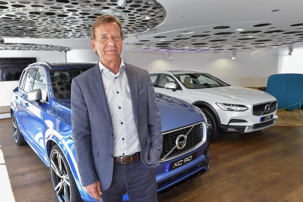 Volvo Cars CEO Hakan Samuelsson during an interview with TT News Agency at Volvo Cars Showroom in Stockholm, Sweden, Wednesday, July 5, 2017. Samuelsson said that all Volvo cars will be electric or hybrid within two years. The Chinese-owned automotive group plans to phase out the conventional car engine. (Jonas Ekströmer/TT via AP)