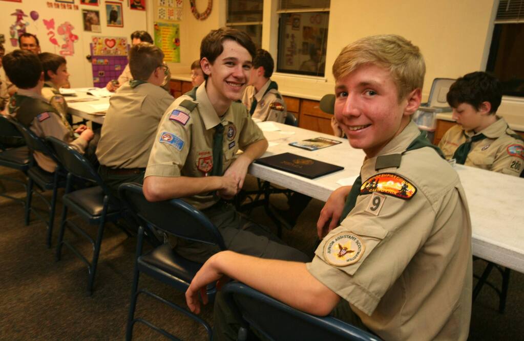 Tucker Cullen, right, and Michael Flett at their Boy Scout Troop 9 leadership meting at Elum church in Petaluma on Tuesday, February 3, 2015. (SCOTT MANCHESTER/ARGUS-COURIER STAFF)