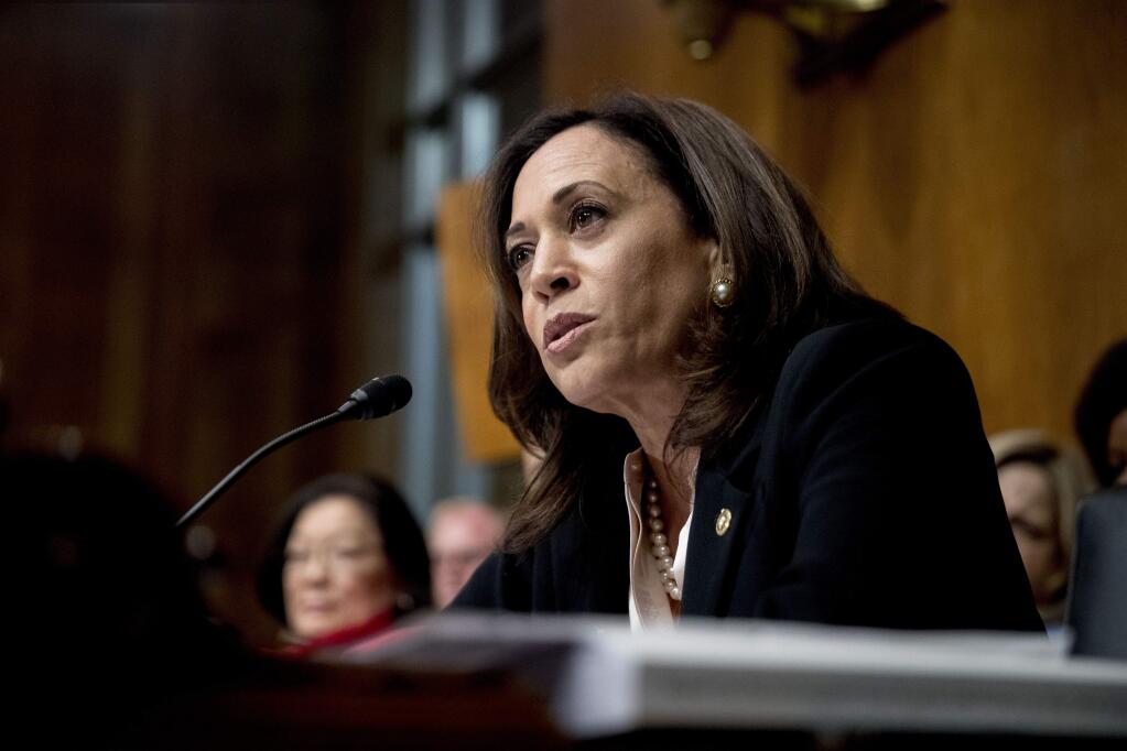 Sen. Kamala Harris, D-Calif., speaks as Attorney General William Barr testifies during a Senate Judiciary Committee hearing on Capitol Hill in Washington, Wednesday, May 1, 2019, on the Mueller Report. (AP Photo/Andrew Harnik)