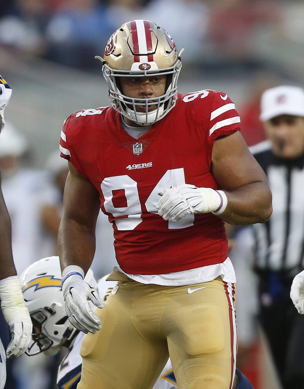 San Francisco 49ers defensive end Solomon Thomas during a game against the Los Angeles Chargers in Santa Clara, Thursday, Aug. 30, 2018. (AP Photo/Josie Lepe)