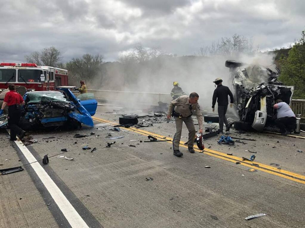 Multiple people were injured in a head-on crash on a Highway 101 bridge near Hopland on Wednesday, April 3, 2019. (CHP - UKIAH/ FACEBOOK)
