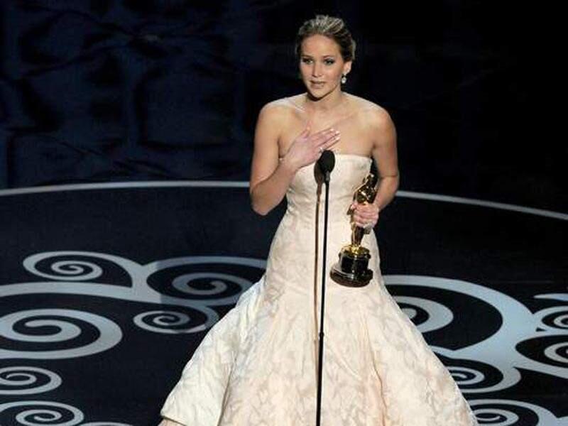 This Feb. 24, 2013, photo shows Jennifer Lawrence accepting the award for best actress in a leading role for 'Silver Linings Playbook' during the Oscars at the Dolby Theatre in Los Angeles. (AP FILE)