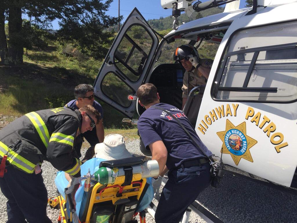 A hiker bit multiple times by a rattlesnake is airlifted from Mount Tamalpais on Sunday, April 22, 2018. Photo: CHP Golden Gate Division Air Operations